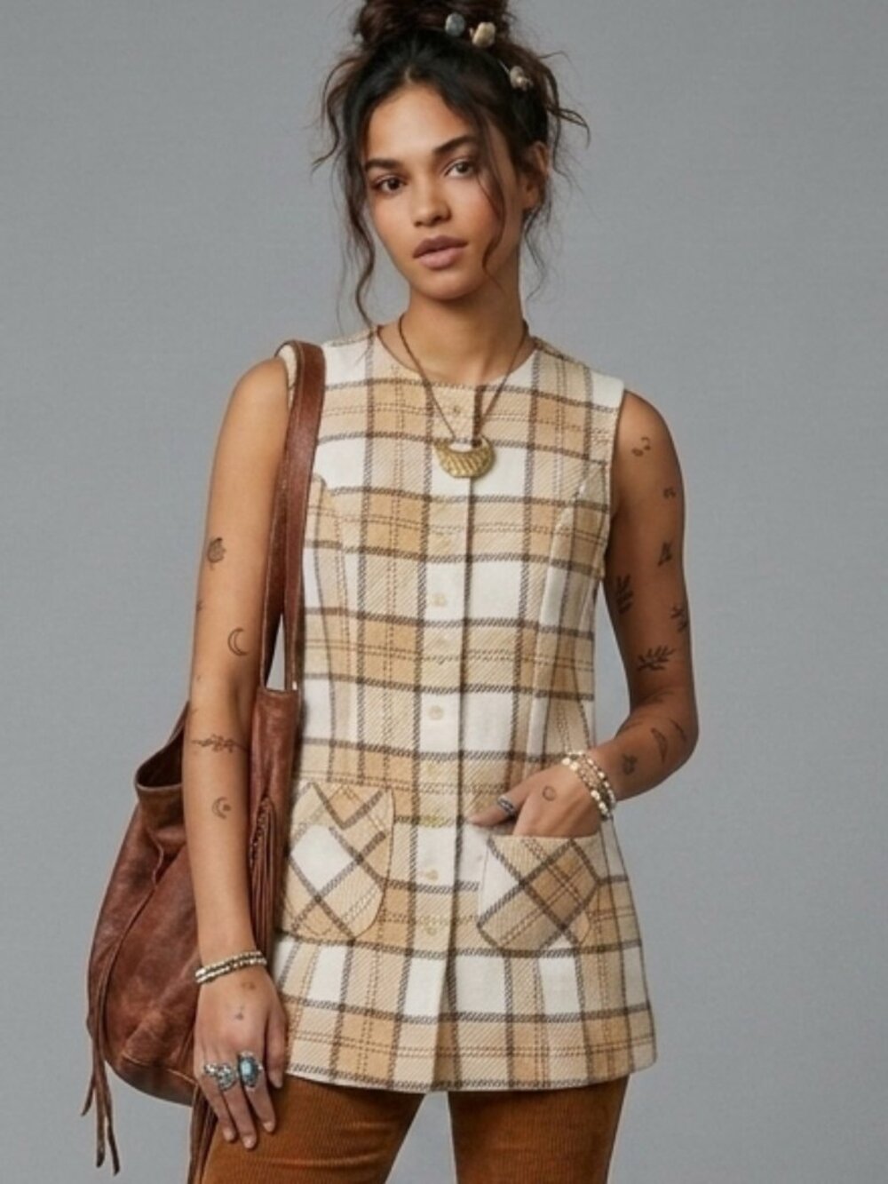 Vintage 60s Miss Holly Plaid Mod Vest Top Tan Brown Button Down Retro S Small
